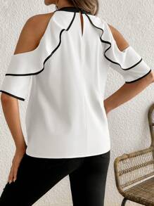 SHEIN Maternity Summer Elegant Patchwork Ruffle Tie Neck Ruffled Hem Blouse - White - View 2