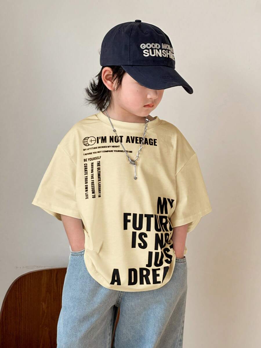 SHEIN Leap Crew Young Boys Casual Korean Cute Letter Printed Round Neck Short Sleeve Knit T-Shirt, Suitable For Commuting, School, Everyday Casual, Vacation, Sports, Fits For Fall, Spring, Summer, And Winter - Apricot - View 1