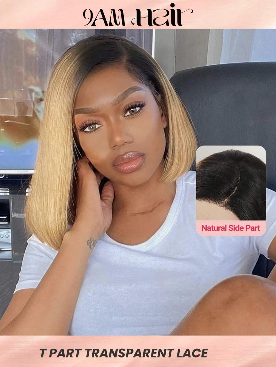 Honey Blonde Ombre Short Bob Wig Human Hair Straight Brazilian Glueless Lace Front Wigs For Women 1B 27 Blonde Colored T Part Frontal Transparent Lace Closure Bob Wig Pre Plucked Hairline