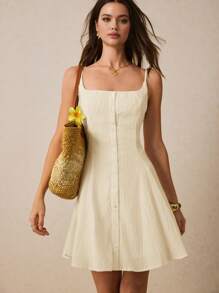 Poéselle 女士短款纯色休闲连衣裙，夏季时尚 - 杏色 - 查看 3