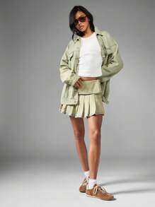 MISSGUIDED Pleated Denim Mini Skirt Y2K Aesthetic School Girl Tennis Style High Waist Fold Over Waistband Preppy Streetwear Skateboard Spring Fall College A Line - Green - View 6