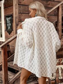 LanaWest Women's Light Apricot Furry Textured Heart Hollow Casual Vacation Vibe Long Sleeve Shirt