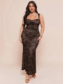 SHEIN BAE 女士大码服装婚纱伴娘服迷你裙派对礼服聚会约会礼服节日礼服女士蕾丝紧身优雅性感细肩带鱼尾裙，女士节日服装，女士生日礼服 - 黑色 - 查看 5