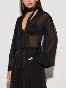 AiiRZ Sheer Wrap Long Balloon Sleeves Top With Long Scarf