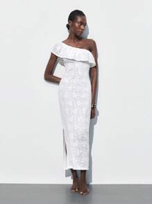 Maija Đầm suông hở vai lệch vai cổ bèo nhún thời trang xuân/hè mới không tay ôm vừa vặn, thích hợp cho lễ hội âm nhạc, kỳ nghỉ ở bãi biển, thường ngày, khu nghỉ dưỡng thành phố lãng mạn, thích hợp để đi chơi, tiệc tùng, đám cưới, mùa tốt nghiệp - trắng - Xem 6