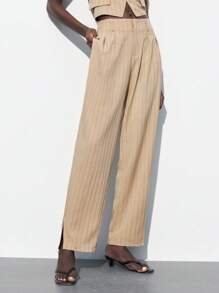 Maija 2025 New Women Chic Khaki Striped Pants,Autumn Office Casual Comfortable Fashion Beige Trousers,Music Festival Beach Vacation Urban Resort - Khaki - View 3