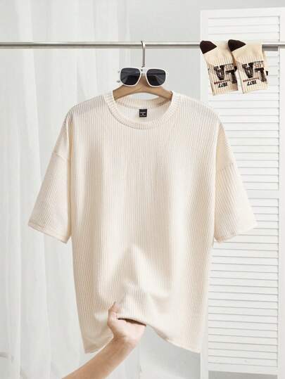 Manfinity VCAY 男女款休闲针织提花细条纹宽松落肩圆领短袖 T 恤，适合日常穿着