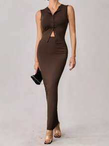 SHEIN Tall Women's Summer Casual Bottoming Sleeveless Long Skirt Slim Fit Suit Is Elegant And Suitable For Parties And Dates - Brown - View 5
