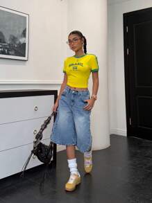 SHEIN Pantalons capris longs amples en jean délavé à taille basse pour adolescentes, printemps été, Tenues bohèmes larges pour vacances à la plage d'été, Tenues d'été pour brunch, remise des diplômes, Tenues streetwear pour festivals de concerts d'été