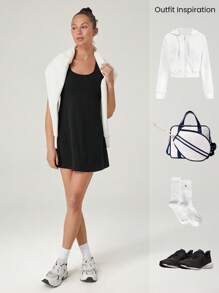 GLOWMODE FeatherFit™-Air Ir à Distância Vestido Ativo com Mangas Curtas, Absorvente de Suor, Secagem Rápida, Copas Embutidas, Alças Cruzadas, Decote Redondo, Shorts Embutidos, Bolsos Laterais, Agarre Anti-Deslizante, Uso Diário, Tênis, Golfe, Pickleball, Baixo Impacto - Preto - Visão 9