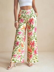 Miriam Omar Pantalons longs large à motif floral coloré pour le printemps, tenue de vacances d'été décontractée pour femmes