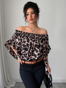 Rafferiza Blusa de moda con manga de campana y hombros descubiertos con estampado de leopardo - Multicolor - Ver 5