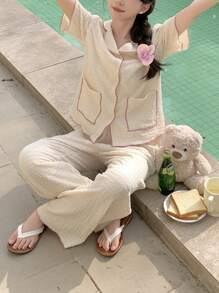 SHEIN 2 件装少女简约蝴蝶结领纽扣贴袋短袖上衣和阔腿针织提花睡衣套装 - 黃色 - 查看 6