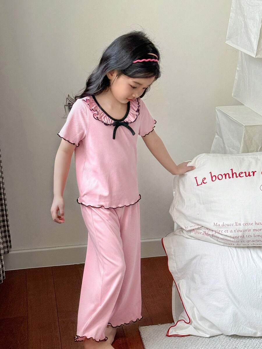 Young Girls Ruffle Bow Round Neck Short Sleeve Top And Loose Pants 2pcs Sleepwear Set - Baby Pink - View 1