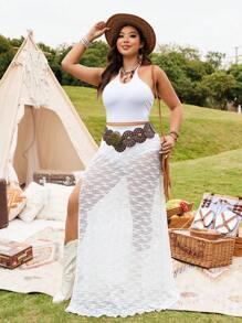 SHEIN LUNE Plus Size Bohemian Style Lace Elastic Waist Slit Skirt For Women - White - View 1