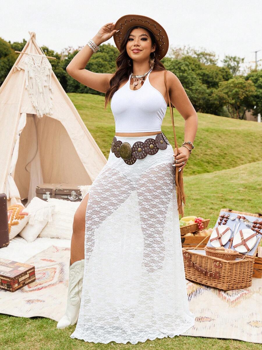 SHEIN LUNE Plus Size Bohemian Style Lace Elastic Waist Slit Skirt For Women - White - View 1