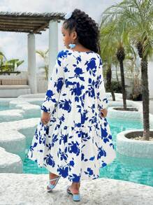 SHEIN SLAYR KIDS Tween Girls' Casual Ditsy Floral Round Neck Long Sleeve Dress - Blue and White - View 2