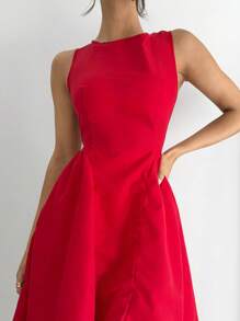 SHEIN Essnce Backless Red Midi Dress Summer Wedding Guest Elegant Brunch Lunch Dress Vintage Style - Red - View 6