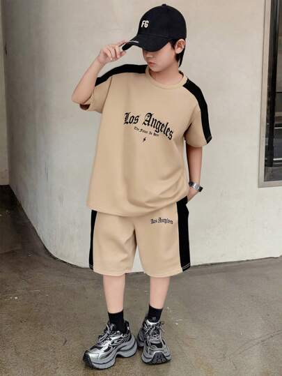 SHEIN 2 件套青少年男孩休闲校队撞色短袖上衣和短裤套装，字母印花运动服适合春夏季通勤、上学、日常生活、运动