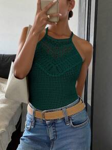 SHEIN Frenchy Women's Casual Solid Color Lace Patchwork Halter Top, Summer Green - Dark Green - View 3