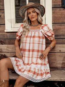 LanaWest Plaid Lace Trim Puff Sleeve Vacation Casual Dress - Khaki - View 1