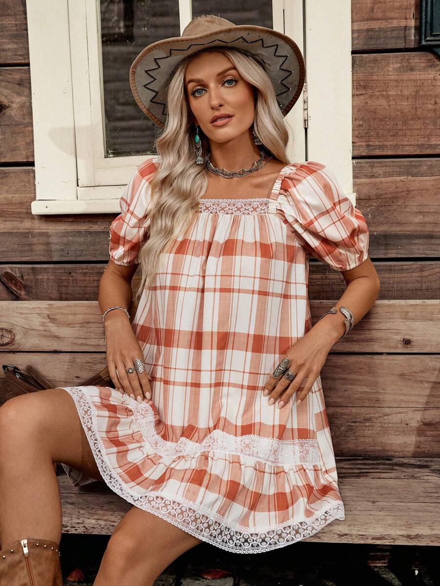 LanaWest Plaid Lace Trim Puff Sleeve Vacation Casual Dress - Khaki - View 1