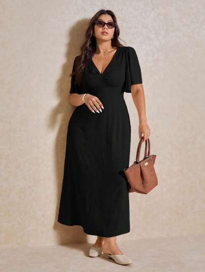 Elaquor Plus Size Casual Elegant Resort V-Neck Waisted A-Line Dress Dresses For Women Elegant Women Midi Dresses Flowy Dress Spring To Summer