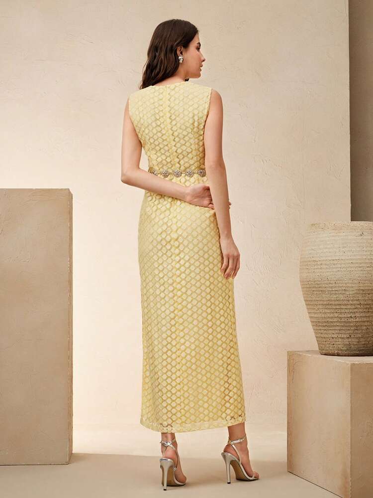 Vestido elegante de cuello redondo con decoración de cadena lateral, confeccionado en tela de alta calidad con textura tejida, ideal para primavera y verano, perfecto para graduación, festivales, vacaciones y fiestas