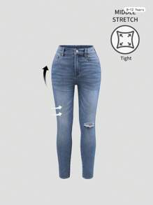 Fashionable Distressed Slim Fit Tween Girl Jeans - Medium Wash - View 3