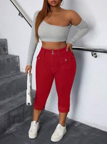 Quần denim co giãn cỡ lớn thường ngày - Đỏ - Xem 3