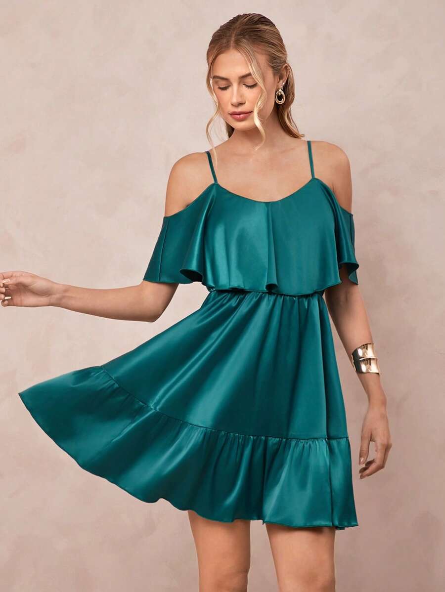 Amorya Elegant Women Open Shoulder Satin Green A-Line Mini Dress, Fitted Silhouette, Suitable For Wedding, Party, Spring/Summer Wedding Guest Dress Women Summer Dresses For Women Sun Dresses For Women Rave Outfits Festival Green Dress Women Easter Outfit Women Flowy Dress Summer Outfits For Women Summer Dresses For Women Vacation Outfits Woman Beach Vacation Sundress Vacation Dress Boho Fairycore Boho Dress High-End Slim Waist Dress