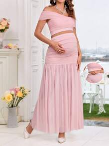 SHEIN 2 件套孕妇纯色露肩短袖短款上衣和裙子套装