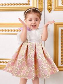 SHEIN Floral Print Contrast Mesh Ruffle Hem Baby Girl Dress - Multicolor - View 3