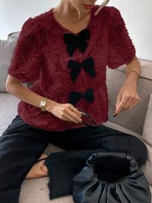 SHEIN Frenchy Women's Bow Decor Round Neck Short Sleeve Ruffle Hem Fashion Blouse Summer Christmas Red - Red - View 5