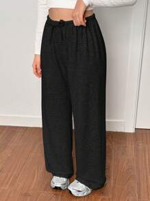 SHEIN Quần dài dệt kim rộng rãi, giản dị, màu đen cho bé gái tuổi teen, mặc ở nhà vào mùa xuân, mùa hè, mùa thu và mùa đông - màu đen - Xem 7
