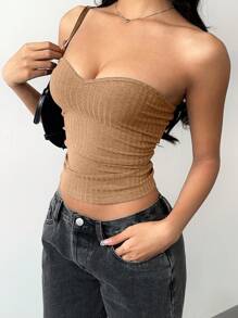 SHEIN BASICS Áo ba lỗ dệt kim bó màu trơn giản dị dành cho nữ - Màu Khaki - Xem 3