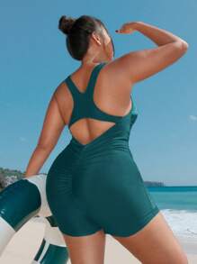 SHEIN Swim SPRTY 大码连体泳衣，纯色简约风格，适合夏季 - 墨綠色 - 查看 7