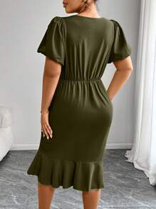 Elenzga Plus Size Elegant Solid Color Ruffle Puff Sleeve Dress, Spring/Summer