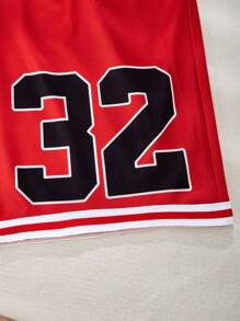 SHEIN Explorewe 1 件青少年休闲短款篮球字母印花宽松运动半短裤 - 紅色 - 查看 7