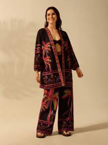 CAJUNI Women's Boho Colorful Coconut Tree & Mushroom Print Lantern Sleeve Loose Kimono-Style Beach Cover Up, Summer Resort - Multicolor - View 6