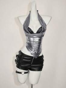 SHEIN ICON Áo không tay hở lưng cổ xếp nếp gợi cảm bằng kim loại cho nữ, trang phục đi nghỉ Boho mùa hè, trang phục đi nghỉ thanh lịch, váy dự tiệc cưới giản dị cho nữ, áo Rave - Bạc - Xem 5