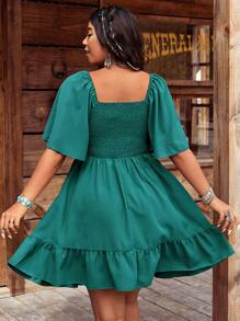EMERY ROSE Plus Size Women Bohemian Style Embroidered Square Neck Ruffle Sleeve Dress - Green - View 2