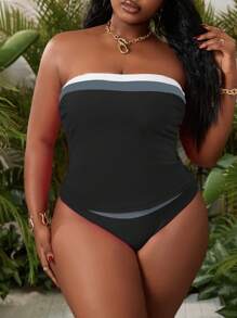 Slaydiva Conjunto de tankini de talla grande para mujer con bloques de color y bandeau, traje de baño con espalda descubierta y tiras, ropa de playa de alto estiramiento