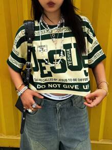 女士字母印花圆领短袖剪裁 T 恤 - 米色 - 查看 3