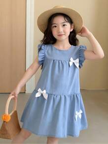 女童牛仔连衣裙带蝴蝶结装饰，夏季可爱小女孩宝宝公主裙，时尚夏装 - 淺色水洗藍 - 查看 1