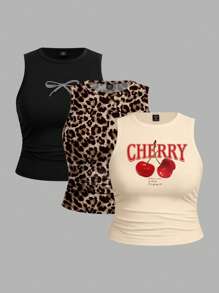 SHEIN EZwear 3 piezas Camiseta sin mangas de ajuste entallado talla grande con estampados de leopardo, lazo y cereza, casual, para verano