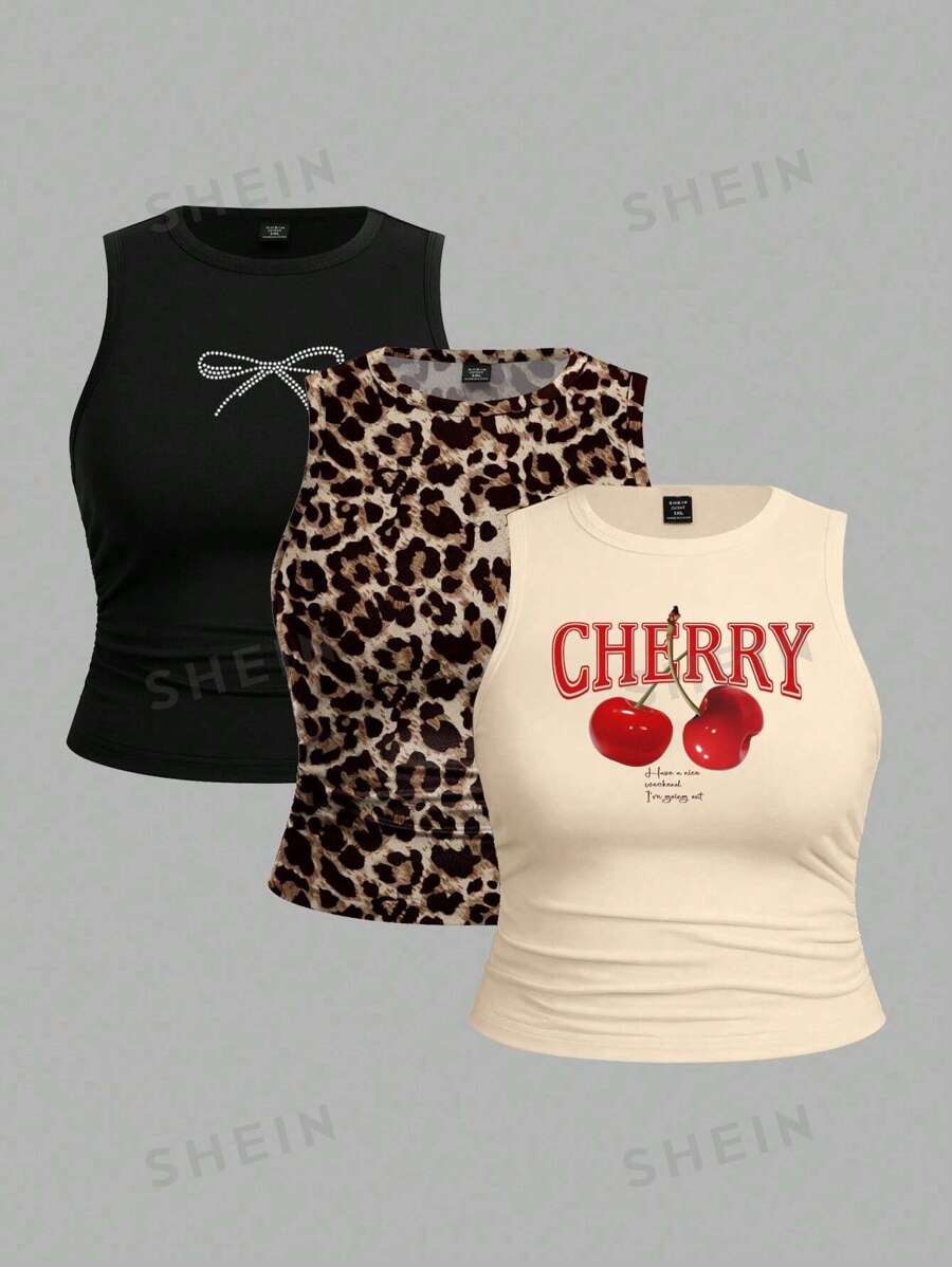 SHEIN EZwear 3 piezas Camiseta sin mangas de ajuste entallado talla grande con estampados de leopardo, lazo y cereza, casual, para verano