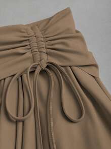 Sweetra 女士新款秋季西部牛仔风格海滩休闲抽绳腰部不对称荷叶边下摆迷你裙 Y2K - 卡其色 - 查看 6