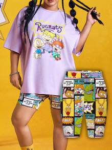 Nick 90s | SHEIN 2pcs/Set Plus Size Summer Casual Cute Cartoon Print Short Sleeve Purple T-Shirt And Black Leggings Women Plus Clothing Two Pieces Summer Spring Music Festival