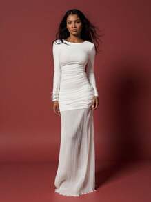 NYA SZN Top ajustado de manga larga con pliegues, apropiado para primavera, festivales de verano, boda, graduación, cena, baile de graduación, y para uso casual diario, diseño básico con stretch para mujeres